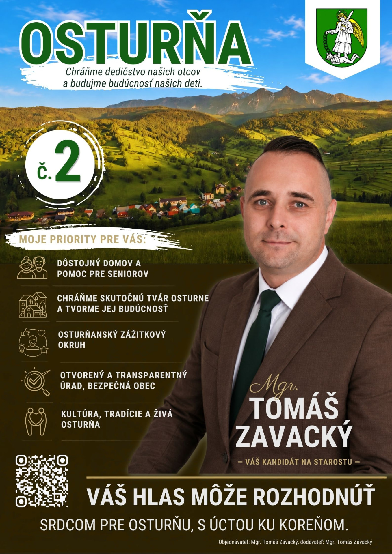 Propagačný leták — Mgr. Tomáš Zavacký, nezávislý kandidát na starostu Osturne, volebné číslo 2